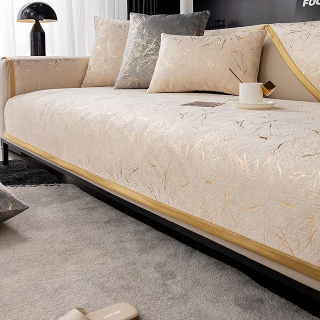 Luxuriöser Chenille Sofabezug mit Wolkenmuster und Goldrand von Your Warm Home, Farbe: Beige/Gold, B x H: 90 x 70 cm - Bild 1