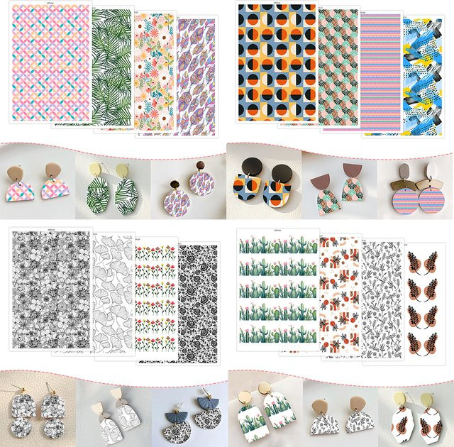 Wasserlösliches Polymer Clay Transferpapier mit geometrischen Mustern und bunten Blumen für die Schmuckherstellung von Ohrringen - Bild 1