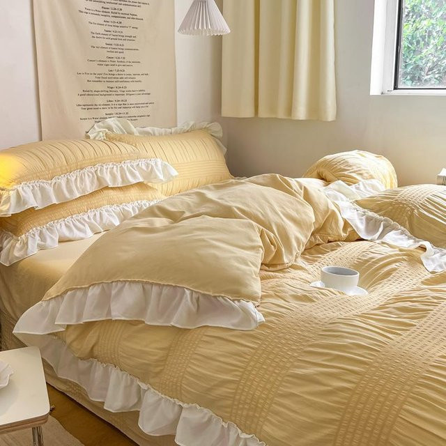 BaiTu Home Seersucker Bettwäsche-Set aus Baumwolle, 4-teilig, Beige, B/H: 150 x 200 cm - Bild 1