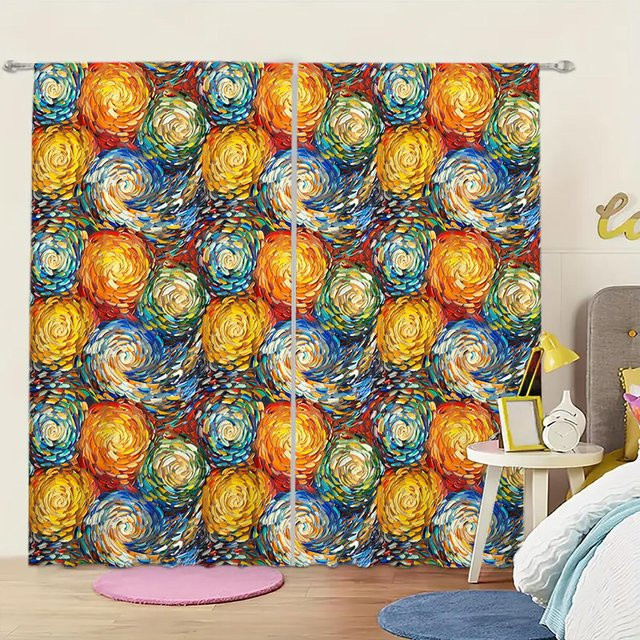 2er-Set dekorative Blumenvorhänge mit Pigment-Blumenmuster in Blau, halbtransparent, Polyester, Breite: 52,5 cm, Höhe: 116 cm - Bild 1