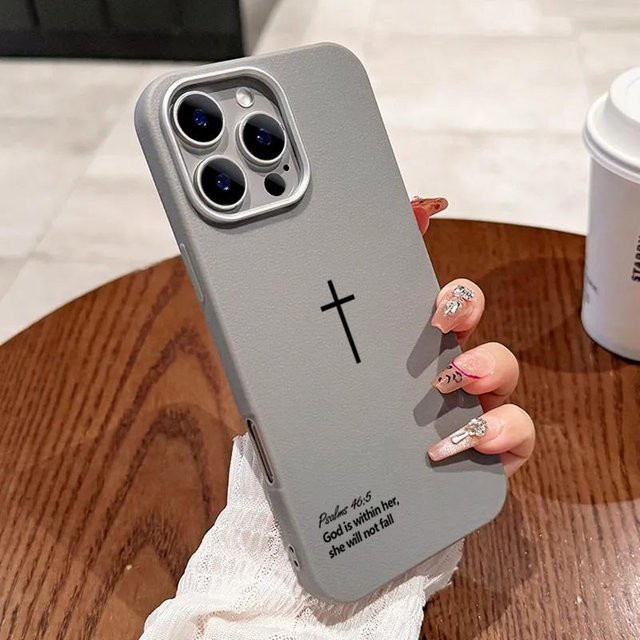 Christliche Handyhülle mit Psalm 46:5 Kreuz und Litschi Muster für Apple iPhone in Grau - Bild 1