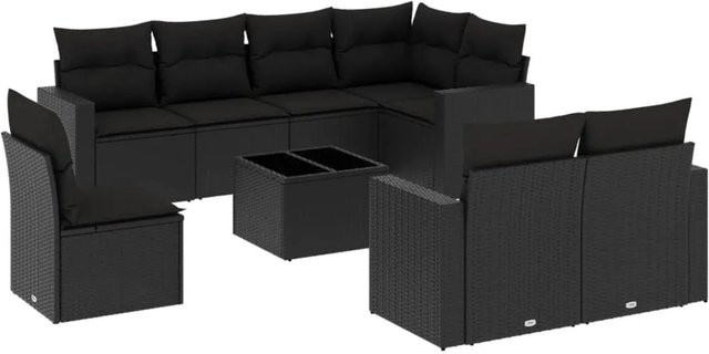 vidaXL 9-tlg Garten-Sofagarnitur in L-Form aus schwarzem Poly-Rattan mit UV-beständigen Kissen und pulverbeschichtetem Stahlgestell - Bild 1