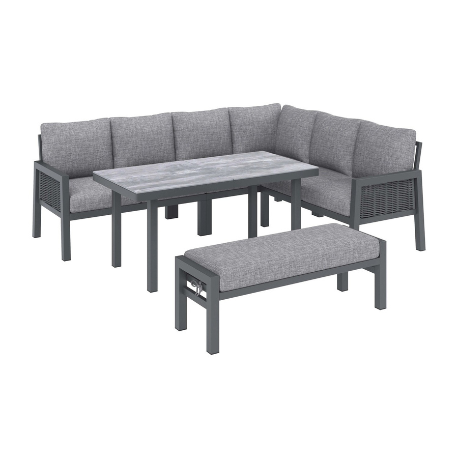 okwish Garten-Essgruppe in Grau mit Glastischplatte und handgefertigtem PE-Geflechtseil im industriellen Stil, B/T/H: 235 x 140 x 70 cm - Bild 2