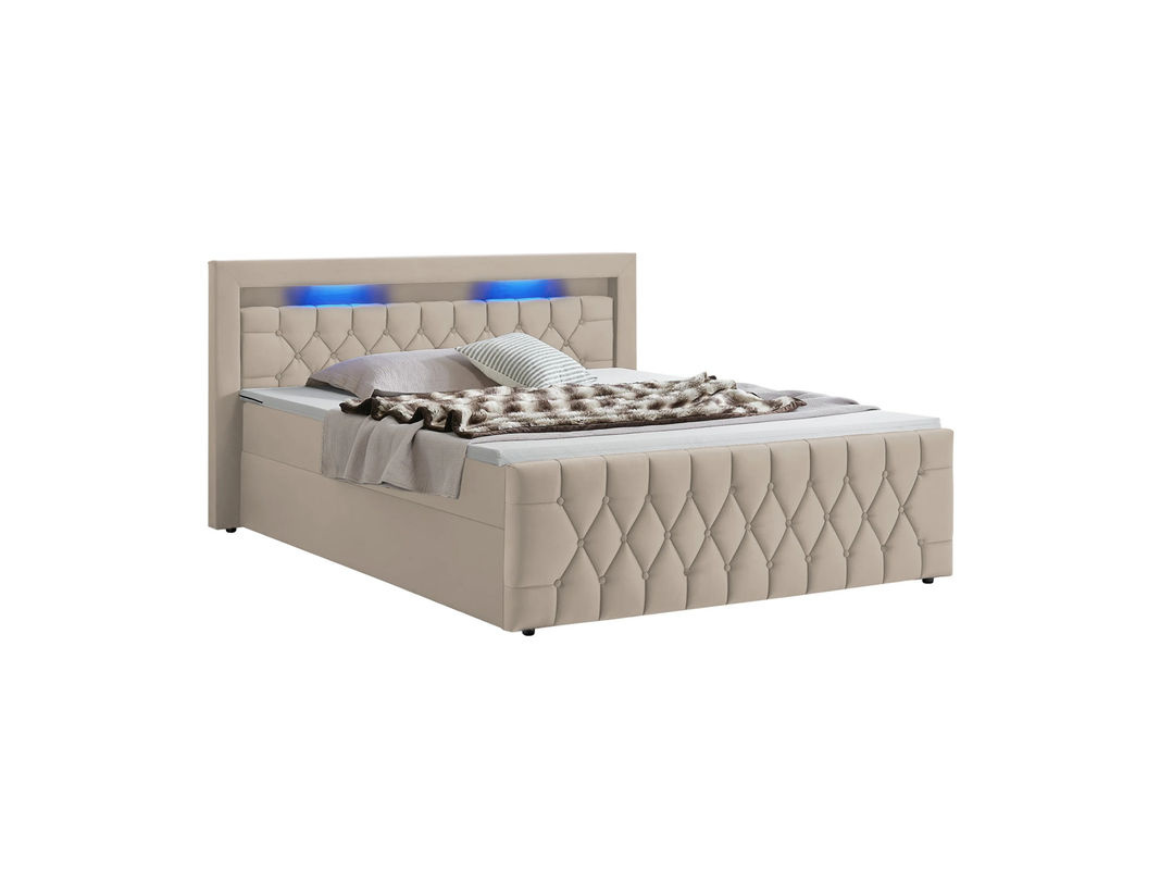 Juskys Boxspringbett Leona in Beige mit Samtbezug, LED-Unterbettbeleuchtung und Federkern, B/T: 140 x 200 cm - Bild 3