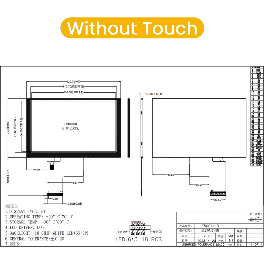 UICPAL 5-Zoll TFT-LCD Anzeigemodul mit HD-Auflösung 800 x 480 RGB IPS, 40Pin, ILITTEK-Treiber und kapazitivem Widerstand-Touchscreen in Schwarz - Bild 3