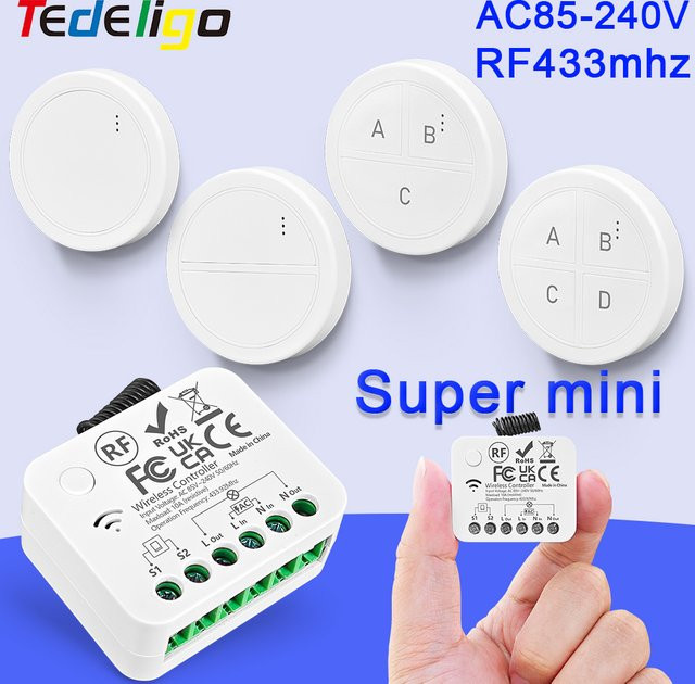 Tedeligo Kabelloses Lichtschalter Mini-Modul mit 2-Wege-Steuerung und Verzögerungsfunktion, 433MHz Fernbedienung für LED und Lüfter, Weiß - Bild 1