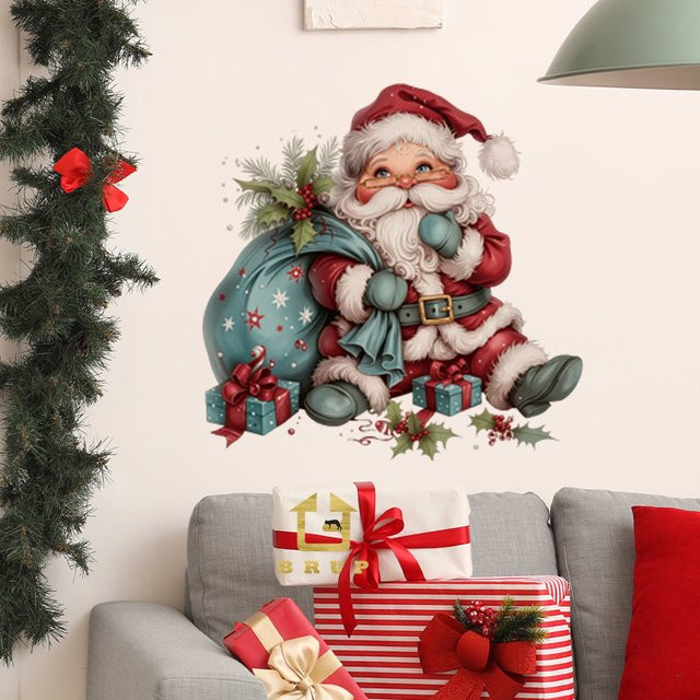 BRUP Weihnachts-Wandaufkleber mit Weihnachtsmann und blauem Geschenksack, selbstklebende Weihnachtsdekoration für Wohnzimmer und Schlafzimmer, mehrfarbig - Bild 1