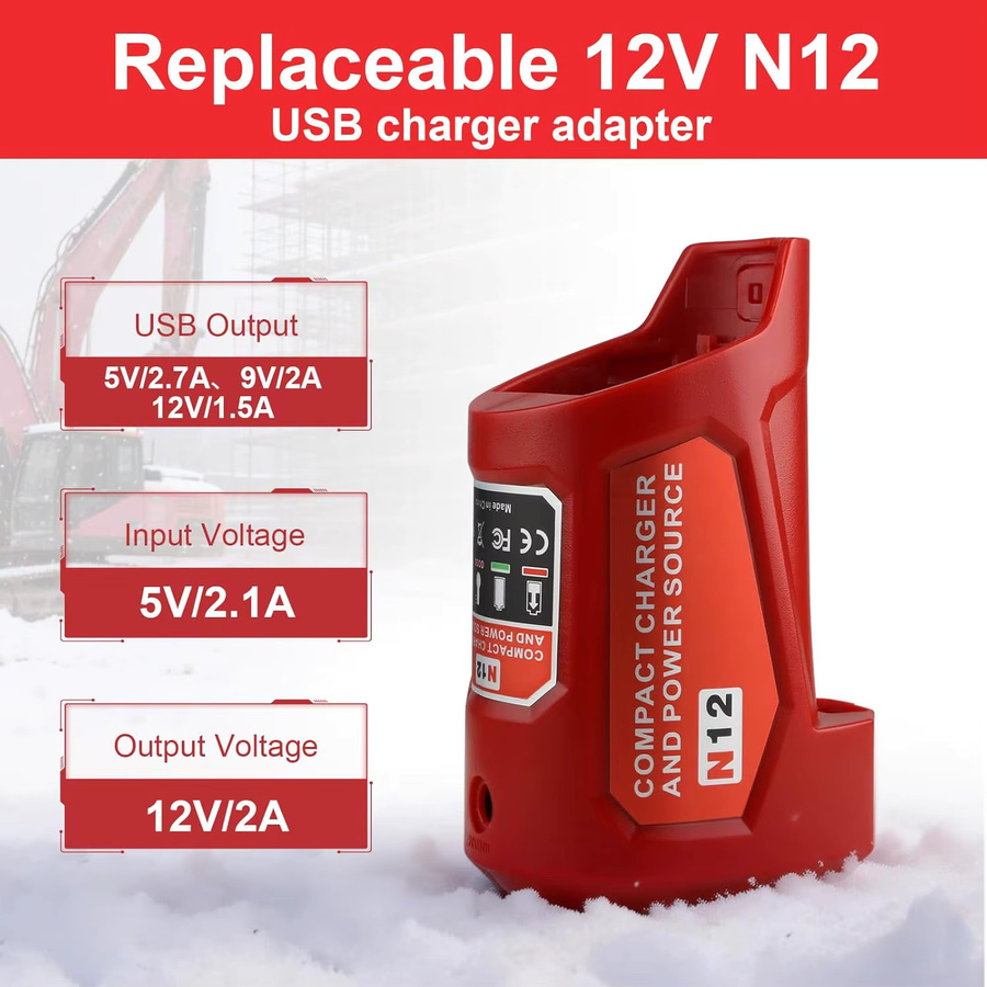 Milwaukee N12 Batterie-Stromquelle Adapter für M12 Akkus mit 12V DC-Anschluss und USB-C in Rot - Bild 2