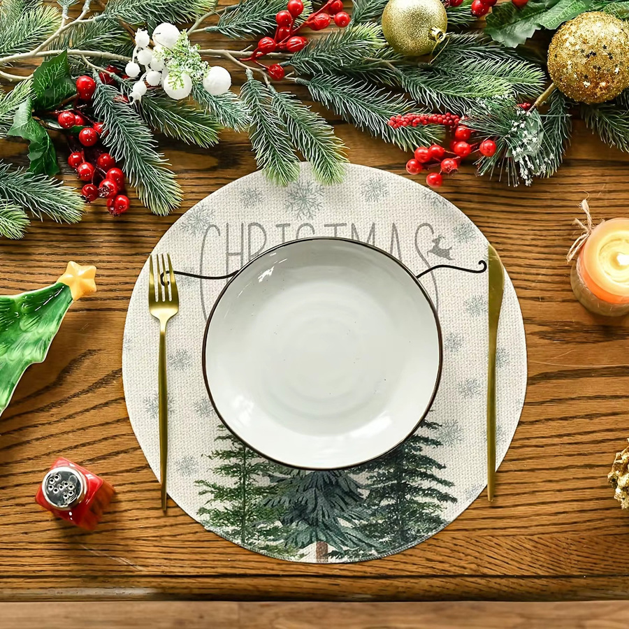 VIKAMA 4er-Set Weihnachts-Tischsets mit Schneeflocken- und Kiefernzweig-Design, rund, mehrfarbig, Leinen-Optik - Bild 3