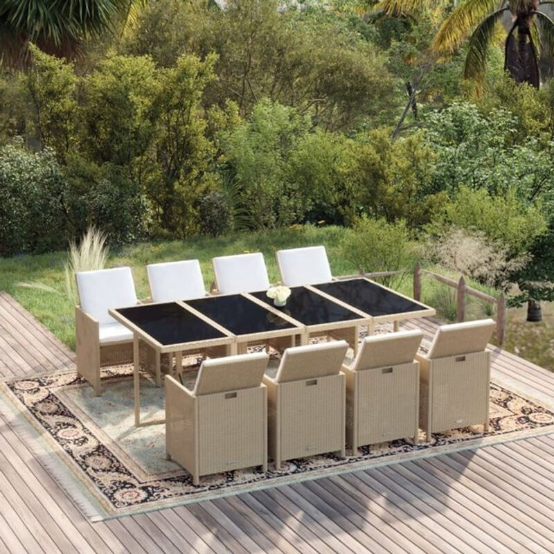9-teilige moderne Garten-Essgruppe aus Poly-Rattan mit Kissen und Glastisch in Beige von vidaxl - Bild 1