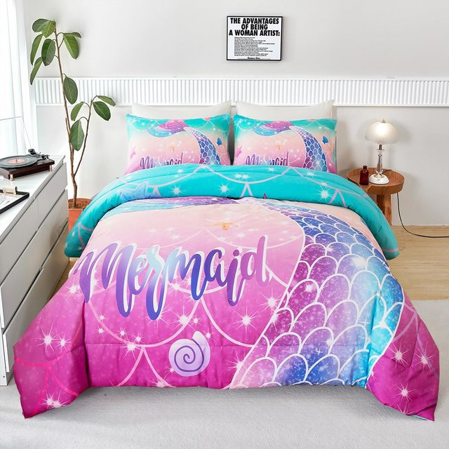 Rosa Meerjungfrau Bettwäsche Set für Kinder aus Mikrofaser, 3-teilig mit Bettbezug und Kissenbezug, Farbe: Rosa, B/H: 135 x 200 cm - Bild 1