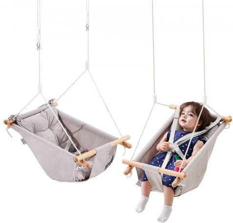 VEVOR Baby-Hängematte Schaukel aus Canvas und Holz in Beige mit 5-Punkt-Gurt, integriertem Kissen und Baumgurten für Innen und Außen, Tragkraft bis 68 kg - Bild 1