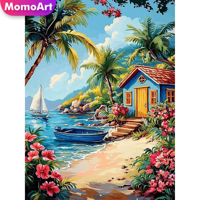Momoart Diamant-Stickerei Landschaftsgemälde Küste als Vollquadratisches Strass-Mosaik in Multicolour, B/H: 30 x 20 cm - Bild 1