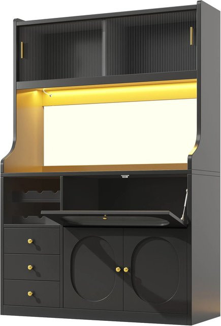 Merax Hochküchenschrank mit RGB-LED, Glasschiebetüren, Weinregal und 3 Schubladen, Farbe: Weiß/Schwarz, H x B x T: 180 x 120 x 40 cm - Bild 1