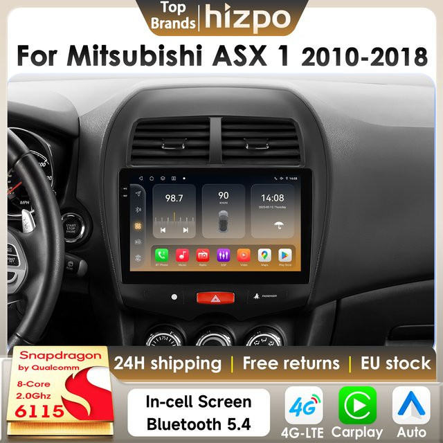 Hizpo Android 14 Intelligentes Autoradio für Mitsubishi ASX 1 (2010 - 2018) mit Snapdragon 6115 Prozessor, CarPlay, GPS und Multimedia-Funktionen in Schwarz - Bild 1