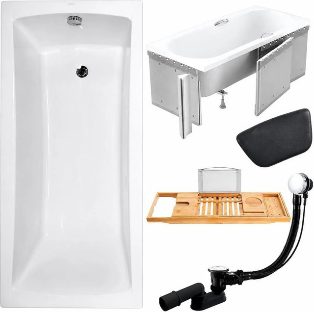 KOLMAN Badewanne KODI aus Acryl in Weiß und Schwarz, rechteckig, B/T/H: 160 x 70 cm, inklusive Styroporverkleidung, Bambus-Badewannenablage, Kopfstütze, Ablauf und Füßen - Bild 1