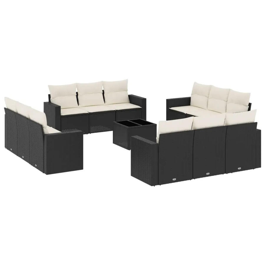 vidaXL 13-tlg. Garten-Sofagarnitur in L-Form aus Poly-Rattan mit Kissen und Tisch, Schwarz und Cremeweiß - Bild 2
