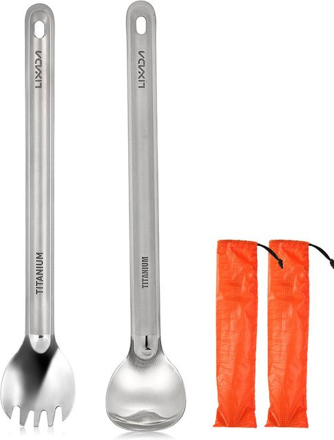 Lixada Ultraleichtes Titan-Besteckset aus Löffel und Gabel mit langem Griff und Etui, Grau matt - Bild 1