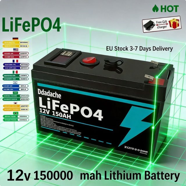 LiFePO4 12V 150Ah wiederaufladbare Lithiumbatterie mit integriertem BMS in Schwarz - Bild 1