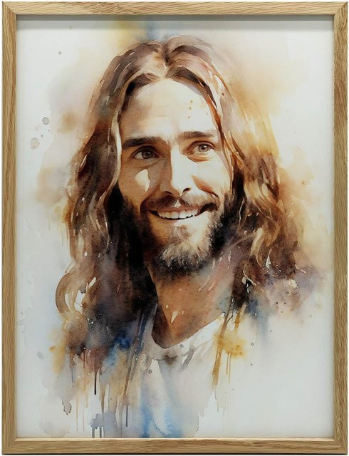 Lächelnder Jesus Wandbild von iKable mit dunkelbraunem Holzrahmen, B/H: 30 x 40 cm - Bild 1