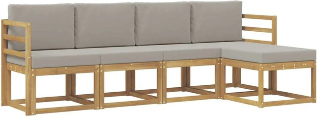 vidaXL Outdoor-Sofagarnitur L-Form aus Akazienholz in Weiß und Grau mit 5-teiligem Set und Sitzkissen - Bild 1