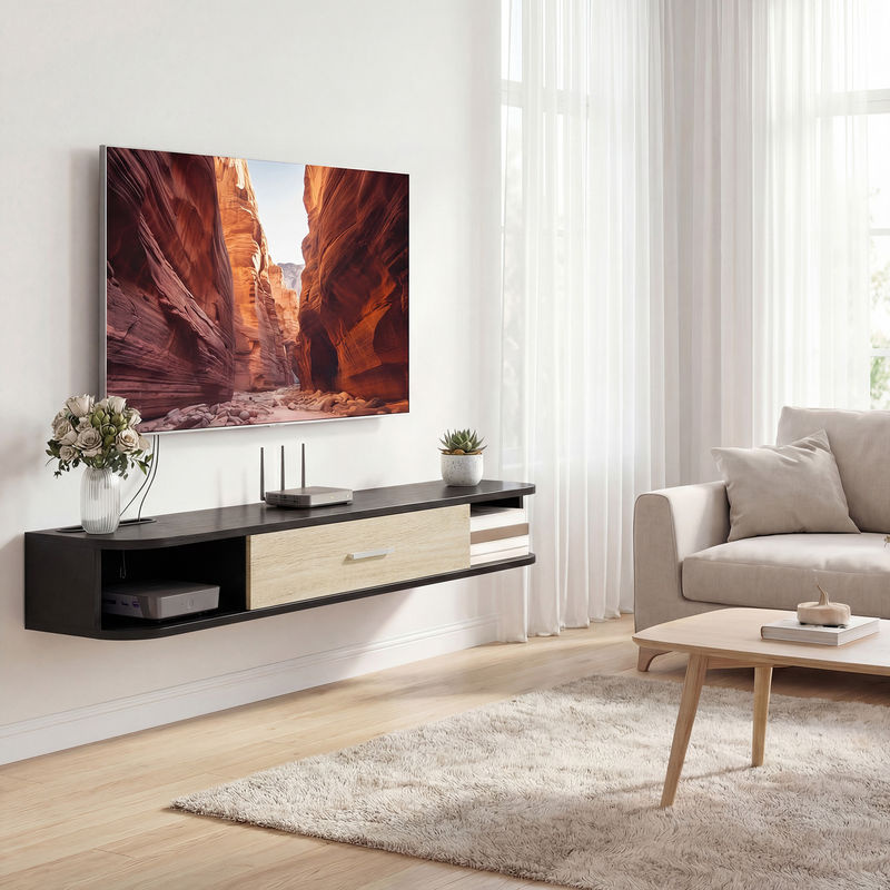 HOMCOM Wand-TV-Möbel in Schwarz und Eiche, schwebende TV-Bank mit Klapptür und Ablagen für Fernseher bis 127 cm, Breite: 120 cm - Bild 2