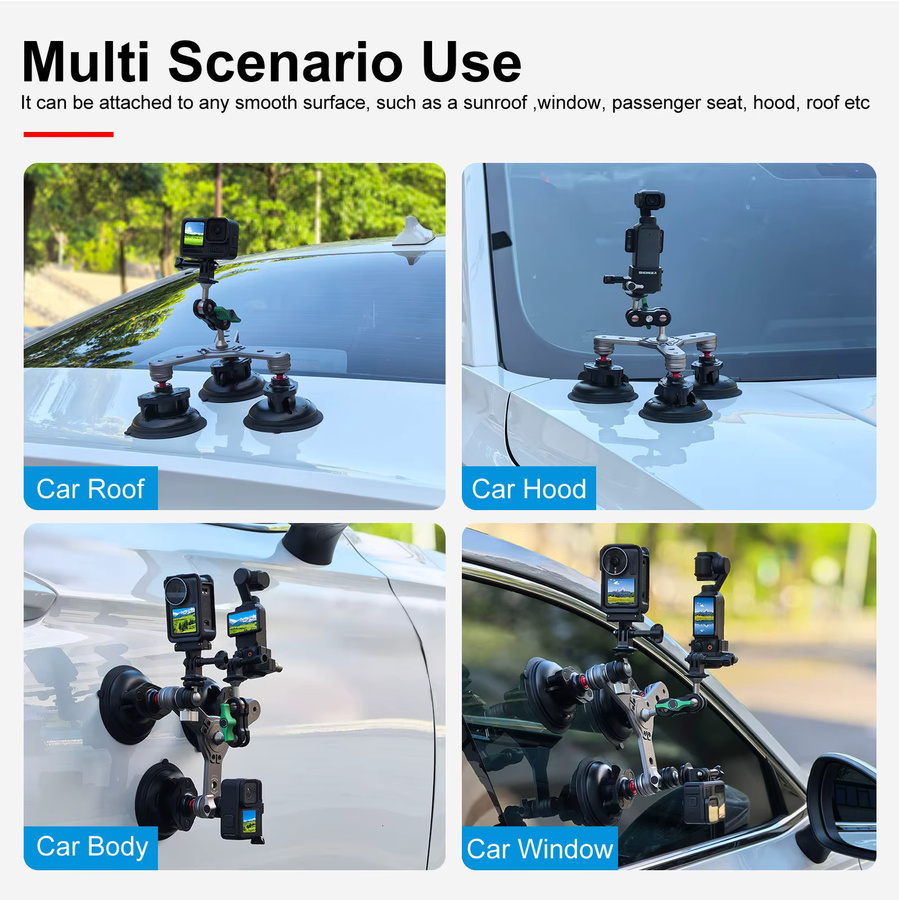 Sheingka Kamerahalterung aus Aluminiumlegierung mit 360 Grad verstellbarem Saugnapf in Schwarz für GoPro Hero 13 12 11 10 9, Insta360 und DJI Action - Bild 2