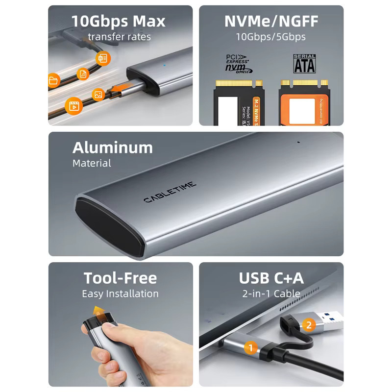 CABLETIME USB-C NVMe PCIe SSD-Gehäuse Gen2 10Gbps M.2 Adapter für NVMe PCIe NGFF SATA Festplatten - Bild 2