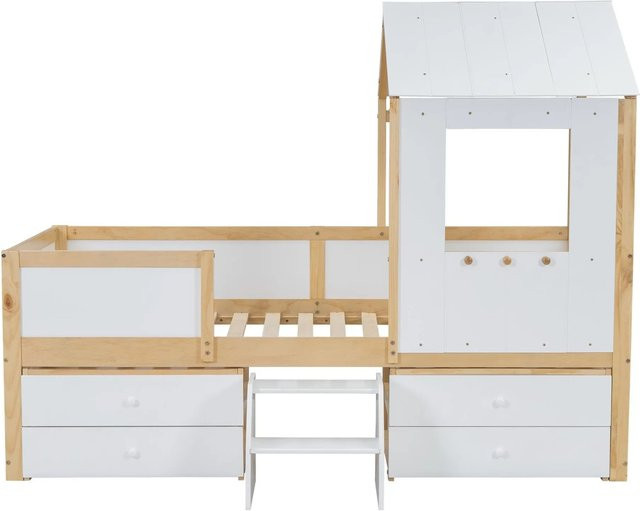 KOMHTOM Kinderbett Hausbett mit Dach, Fenster, vierseitigem Zaun, Treppe und 4 Schubladen, Farbe Weiß und Natur, B/T/H: 204 x 90 x 159 cm - Bild 1
