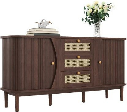MUVOE Sideboard aus Massivholz mit Rattan-Elementen und 3 Schubladen, Farbe Nussbaum, B/T/H: 140,5 x 40,0 x 76,0 cm