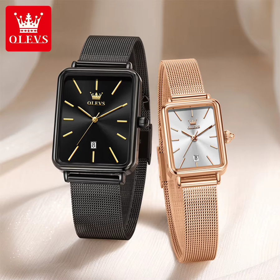 OLEVS Armbanduhr, Quarz, eckig, Roségold, Schwarz, Milanaise, Datum - Bild 2