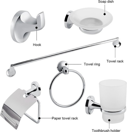 mfySpace 6-teiliges Badezimmer Zubehör Set Wandmontage in Weiß und Silber mit Seifenschale, Zahnbürstenhalter, Becher und Handtuchhalter