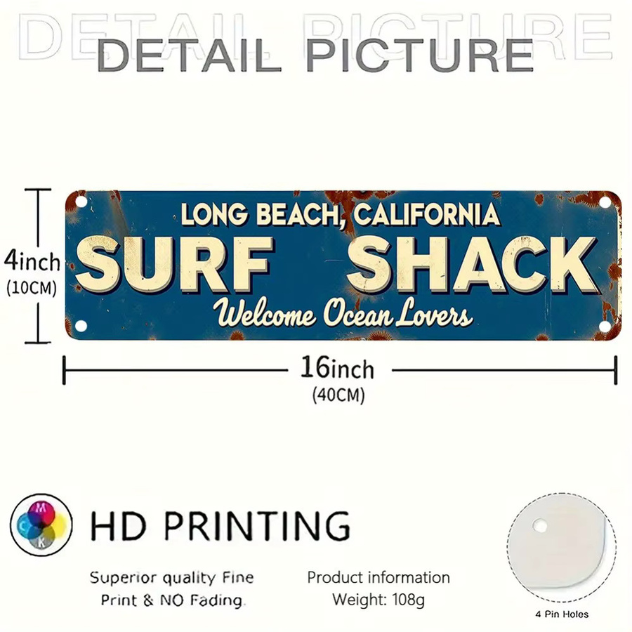 HELLOYOUNG Vintage Long Beach Surf Shack Metallschild in Blau, California Coastal Wandbild für Innen- und Außenbereich, B/H: 40 x 10 cm - Bild 5