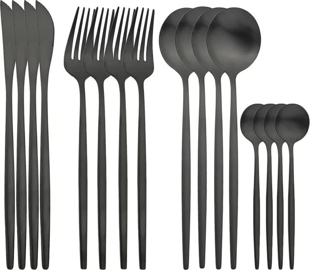 AJOYOUS Besteckset aus Edelstahl mit 16 Teilen in Schwarz und Gold, mattes Geschirr Set bestehend aus Messern, Gabeln und Löffeln - Bild 1