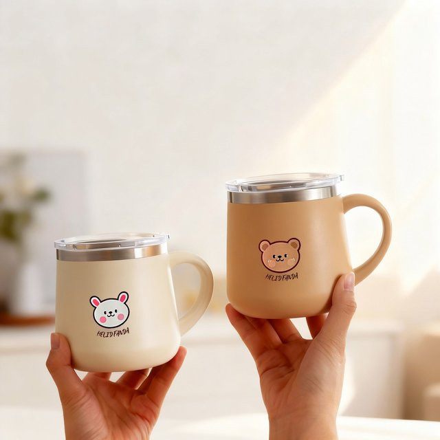 WORTHBUY Cartoon Thermobecher aus 316 Edelstahl mit Griff, doppelwandig isolierter Kaffeebecher, 430 ml, Gelb und Beige - Bild 1