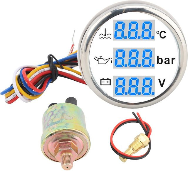 DIYelecs Multifunktionales Digitalanzeige Set für Boots Wassertemperatur Öldruck und Voltmeter, IP67 Wasserdicht, Durchmesser: 52 mm, White Dial Silver Cover - Bild 1