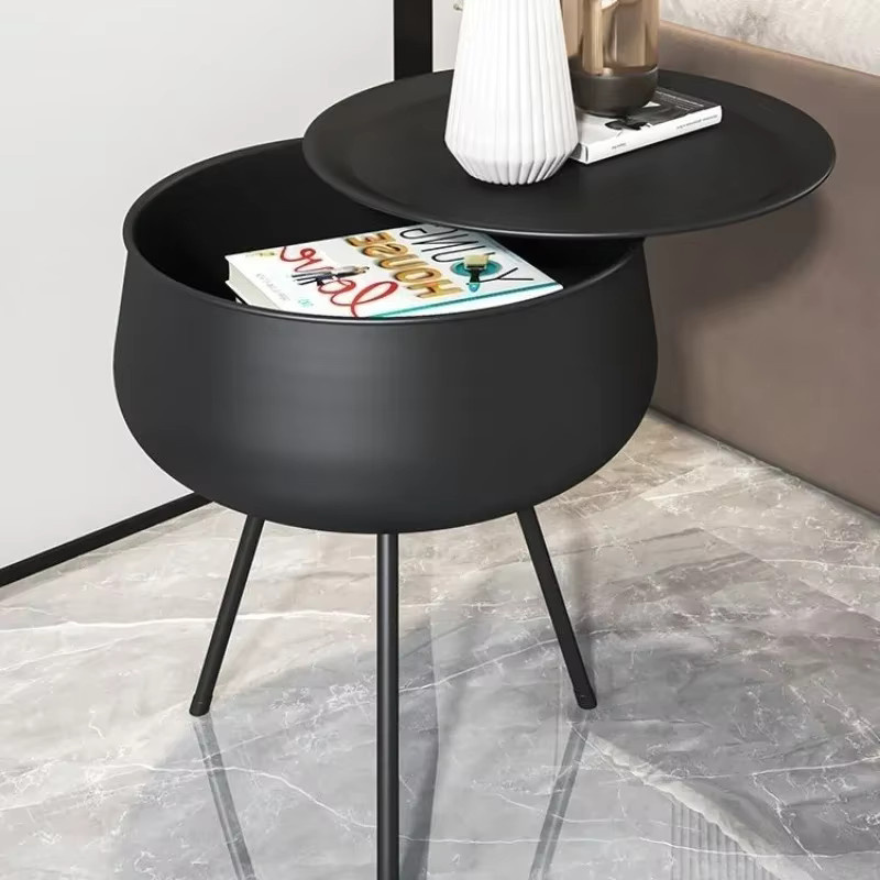 LIUSHADUOLA Moderner Nachttisch in Schwarz mit runder Tischplatte und Metallgestell - Bild 2