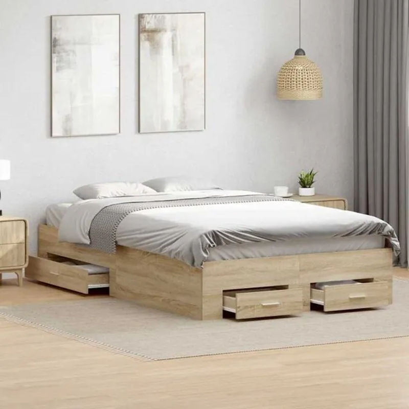Modernes Funktionsbett Vidaxl aus Holzwerkstoff in Eiche Natur und Beige, B/T/H: 120 x 200 cm - Bild 1