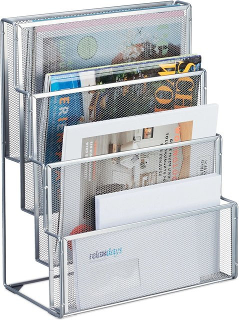 Relaxdays Zeitschriftenhalter aus Stahl in Silber mit 4 Fächern im Mesh-Design, B: 43 cm, T: 33 cm, H: 18 cm - Bild 1