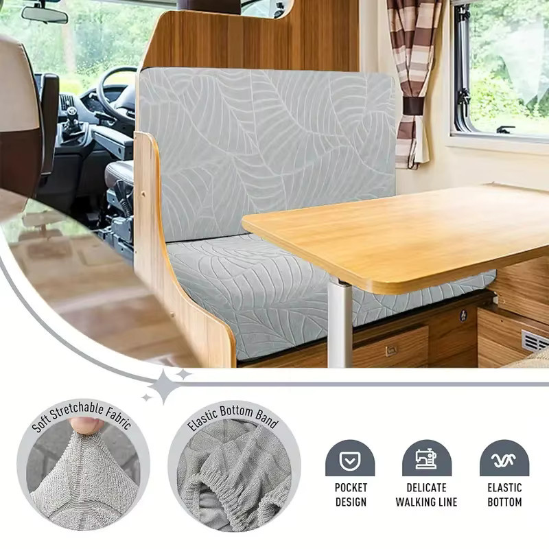 WANERQU Sitzbankhülle für Wohnmobile mit Blätter-Jacquard-Muster in Grau, elastische Stretch-Bezüge für Camper-Sitzbänke - Bild 3