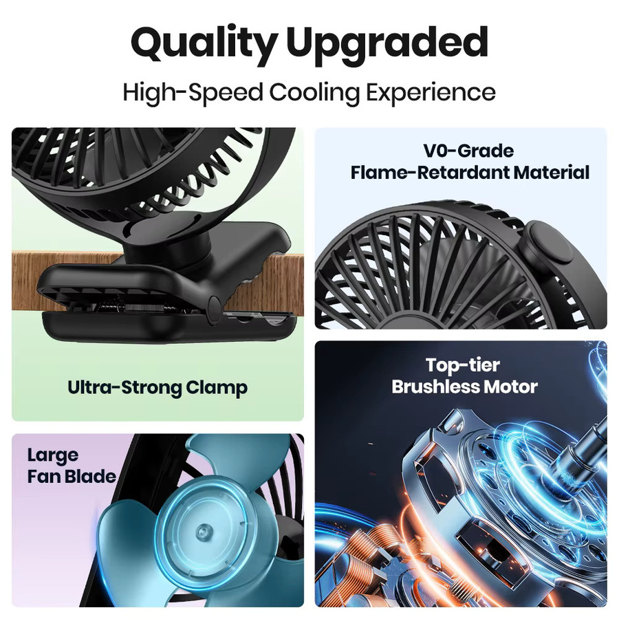 TOPK USB-Tischventilator zum Anklipsen mit bürstenlosem Motor, leiser tragbarer Mini-Ventilator für Büro und Schlafzimmer, Blau und Schwarz - Bild 2
