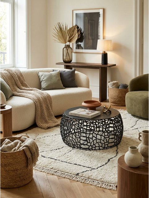 KADIMA DESIGN Couchtisch aus Aluminium rund mit Ast-Struktur in Schwarz, B/T/H: 66 x 66 x 30 cm - Bild 1