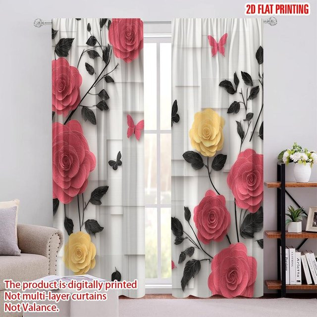 Set aus 2 transparenten Voile-Gardinen mit Rosa Rosen und Schwarzen Schmetterlingen von Tonnika Chen, B: 100 cm, H: 70 cm - Bild 1
