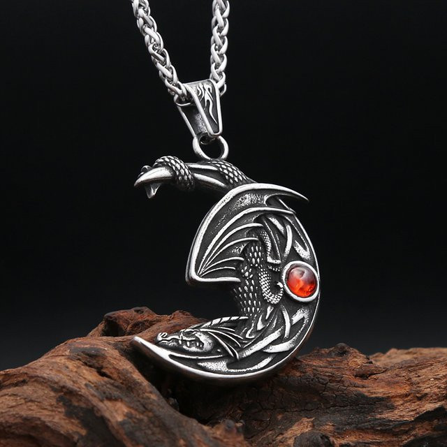 NORTHMAN Halskette, Winged Dragon Mond Form Anhänger, Edelstahl, Silber, Unisex - Bild 1