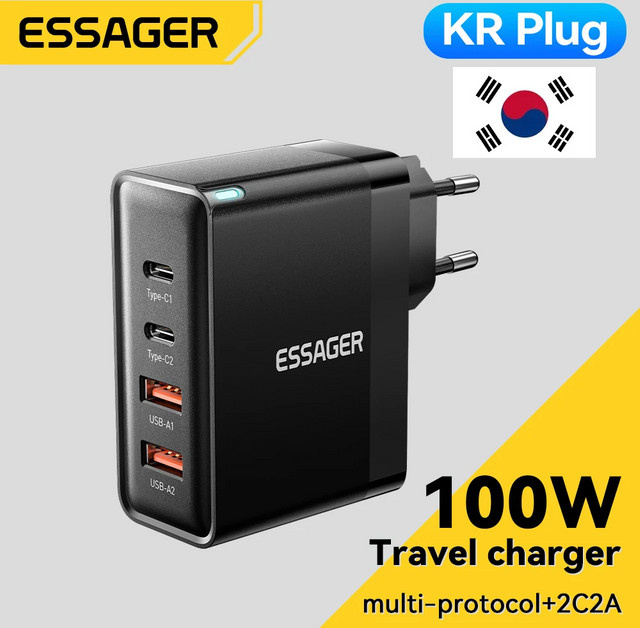 Essager 100 W GaN USB Typ C Ladegerät mit PD Schnellladung, Schwarz, US/KR Stecker für Laptop, MacBook, iPhone und Samsung - Bild 1