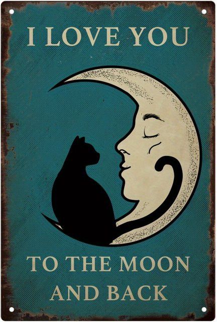 Putuo Decor Vintage Metallschild I Love You to the Moon mit schwarzer Katze und Halbmond in Blaugrün, Wandkunst B: 30,0 cm, H: 20,0 cm, T: 1,0 cm - Bild 1