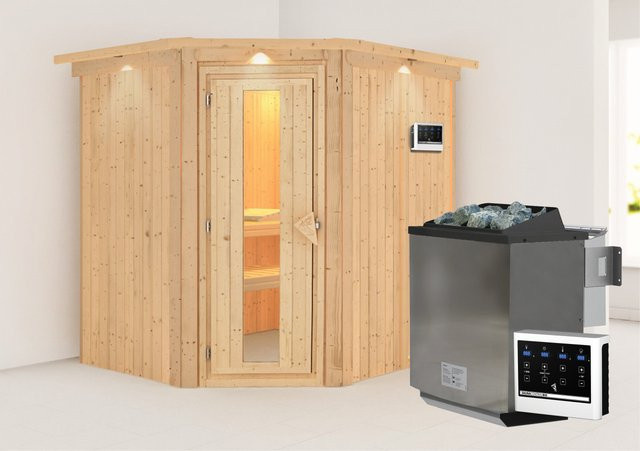 Karibu Sauna Swenna Bio-Kombisauna mit 9,0 kW BioKombiofen, Dachkranz und Energiespartür, B/T/H: 196 x 170 x 198 cm - Bild 1