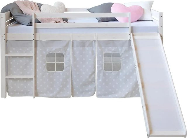 Homestyle4u Kinder Hochbett aus Kiefernholz mit Rutsche und Vorhang in Weiß Sterne, B/T/H: 90 x 200 x 188 cm - Bild 1