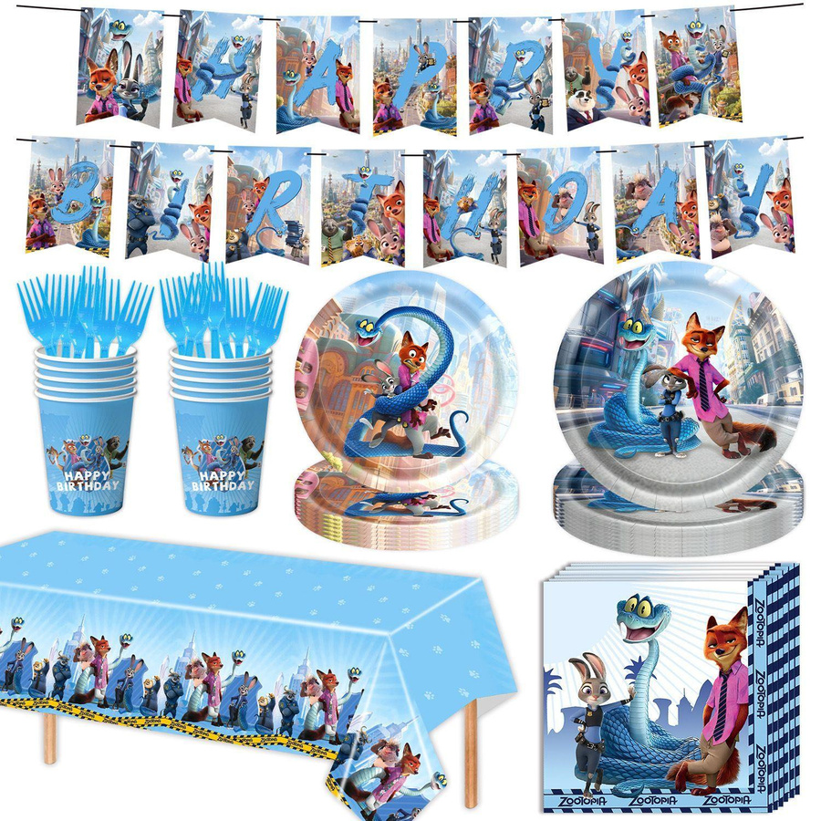KIDSW Zootopia Partyzubehör Set in Mehrfarbig für Kindergeburtstage mit Banner, Papptellern, Pappbechern, Servietten und Tischdecke - Bild 4