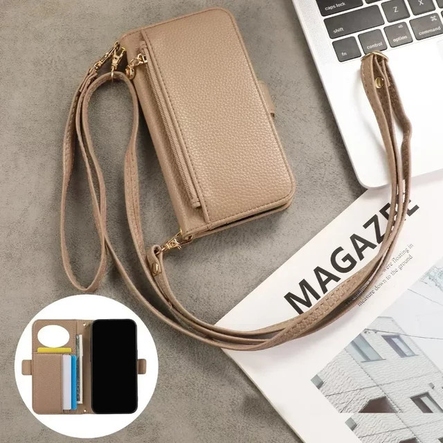 Samsung Handyhülle mit Handgelenkschlaufe, Wallet Card Slots und Spiegel, Farbe: Schwarz, passend für Galaxy S25 Ultra S24 FE S23 S22 S21 S20 Plus A55 A35 A15 A54 - Bild 1